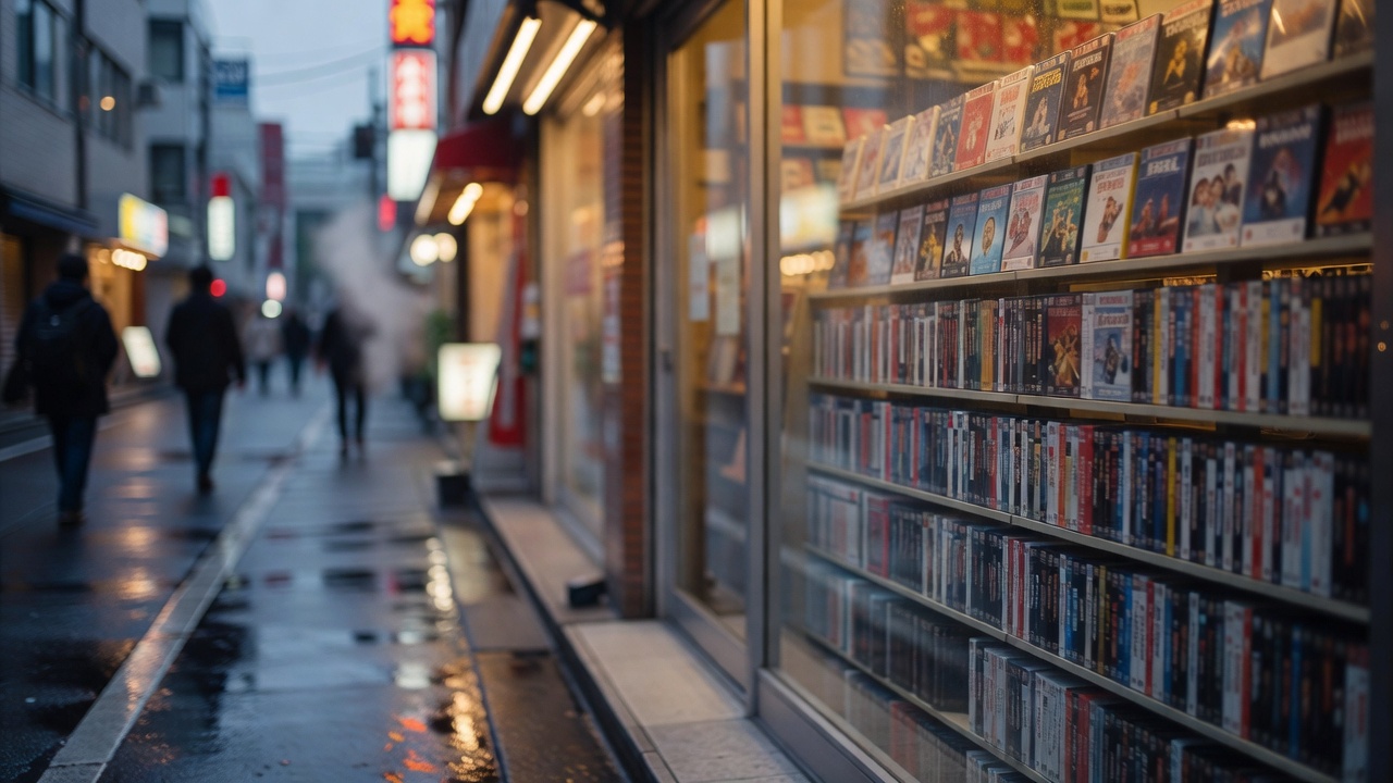 日本城市街头影像店橱窗与货架，黄昏光线下的街景
